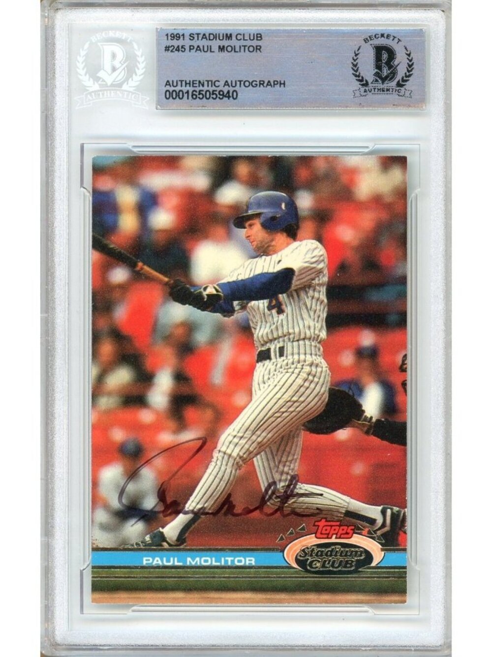 Paul Molitor Signed 1991 Topps Stadium Club #245 Milwaukee Brewers BAS Slab Auto